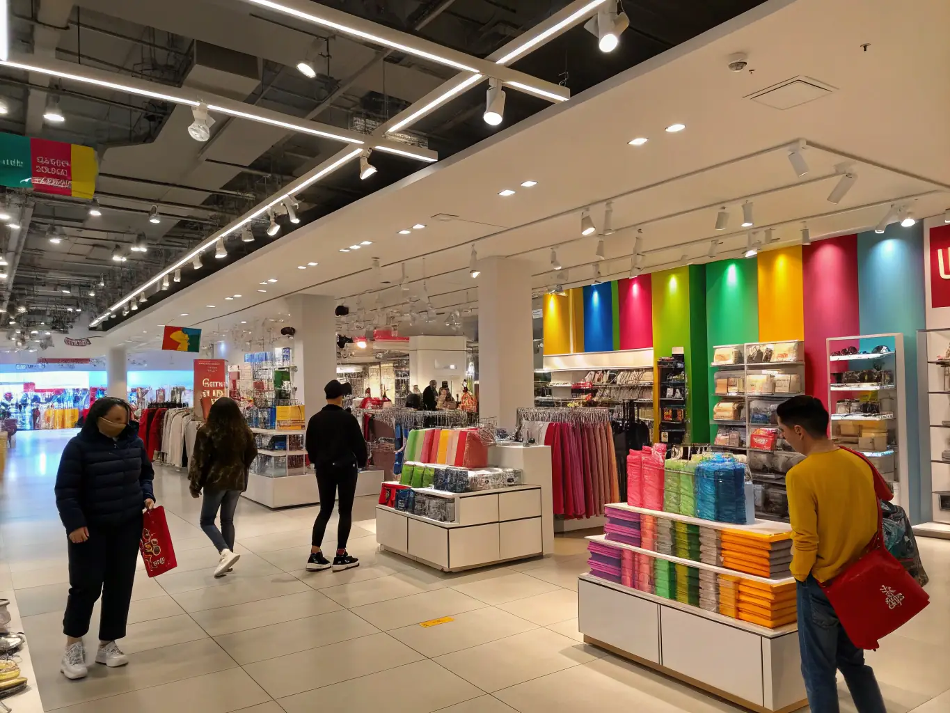 A brightly lit retail store with strategically placed spotlights showcasing merchandise and creating an inviting shopping environment.