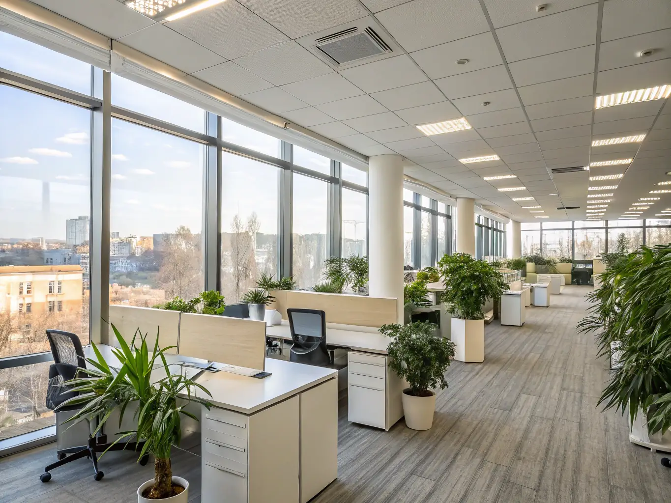 A modern office space with sleek, energy-efficient LED lighting fixtures, creating a bright and productive work environment.