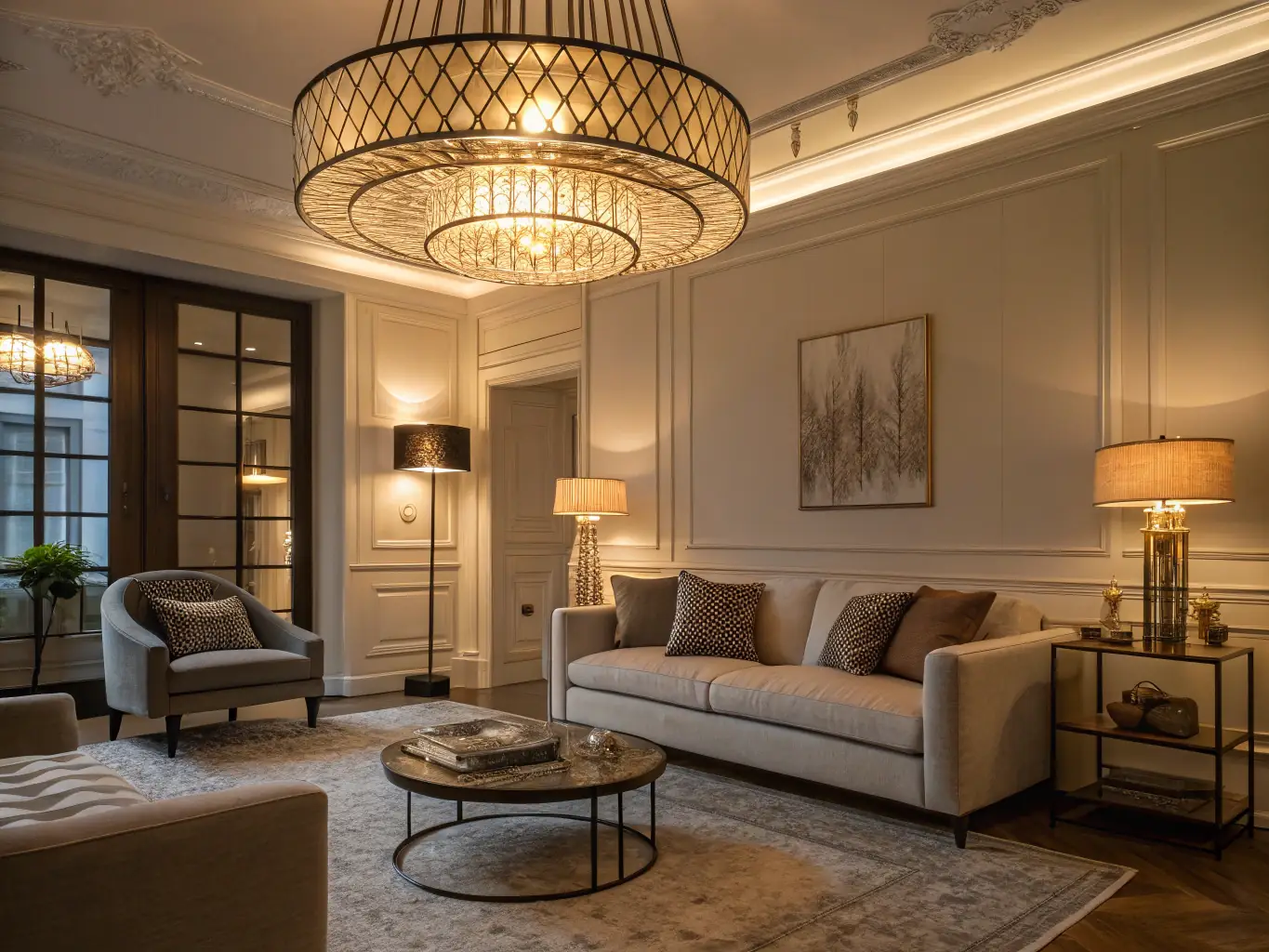 A brightly lit, modern living room showcasing a layered lighting design with recessed lights, a statement pendant fixture, and strategically placed lamps, creating a warm and inviting atmosphere.
