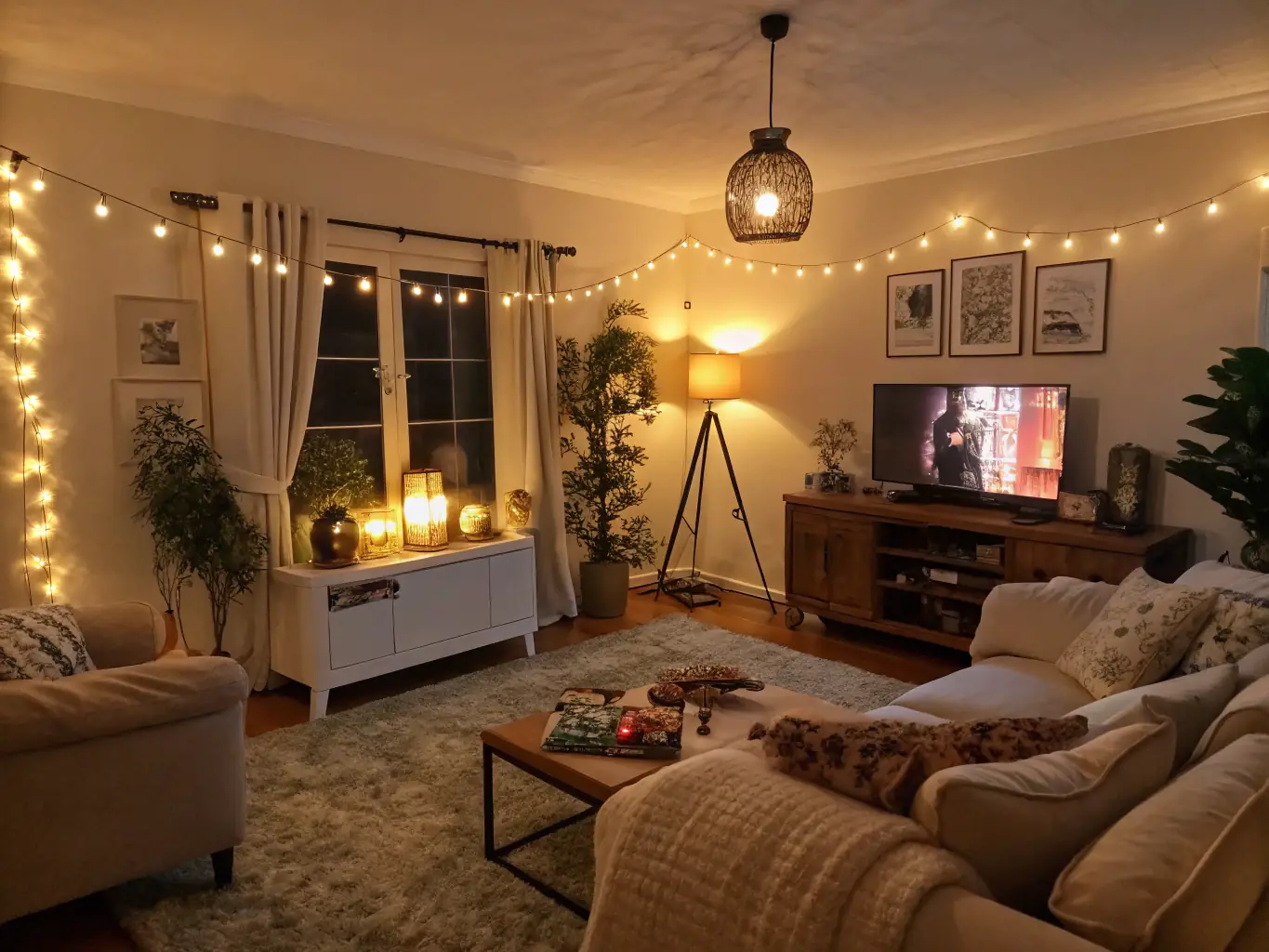 A warmly lit living room with a modern chandelier and soft, ambient lighting highlighting the architectural details and creating a cozy atmosphere.