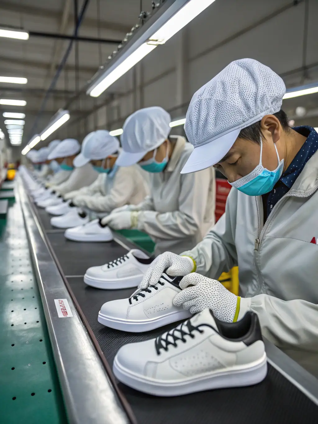 A production line in a footwear factory, showing the mass production of shoes with quality control checks at each stage, ensuring consistent quality.