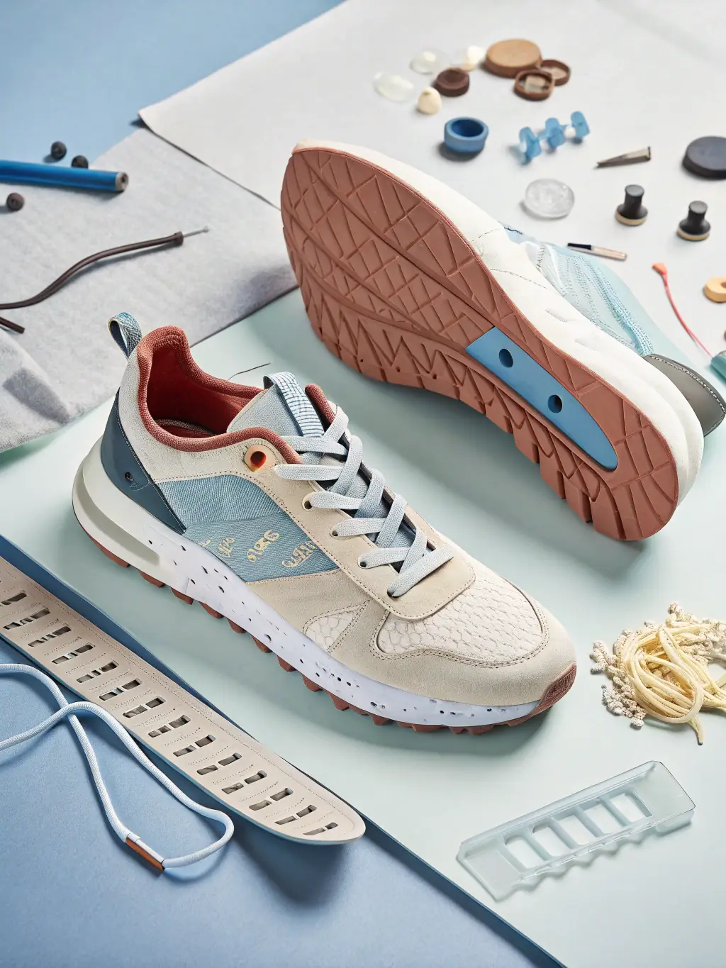 A detailed sketch of a new shoe design, showcasing initial style development with annotations on materials and construction techniques, presented in a design review meeting.