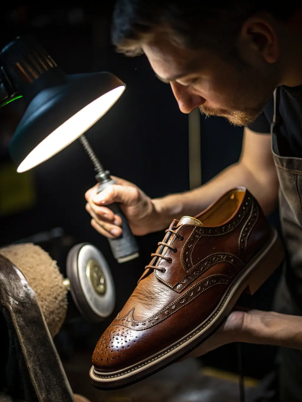 A photograph illustrating a quality control technician at No-Mass Design Co., Ltd. using precision instruments to inspect a finished shoe, with various packaging options displayed nearby, showcasing the rigorous quality checks and packaging solutions.