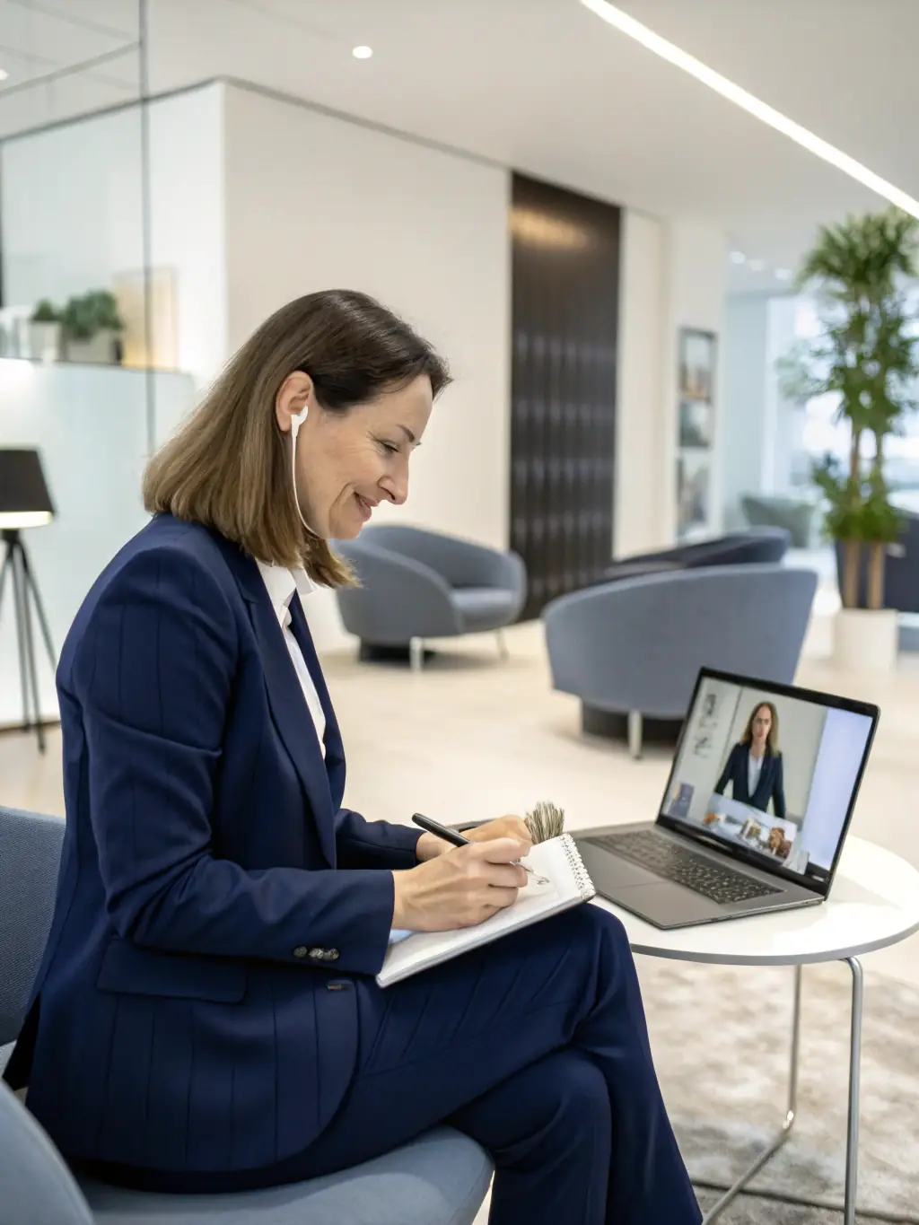 A photograph showing a project manager at No-Mass Design Co., Ltd. communicating with a client via video call, with a digital dashboard displaying production timelines and milestones in the background, emphasizing transparent communication.
